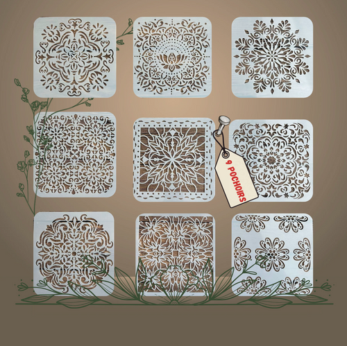 9pcs Pochoirs Carreaux 15x15cm