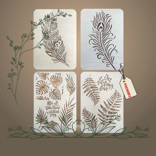 4pcs Pochoirs Plumes 21x29cm